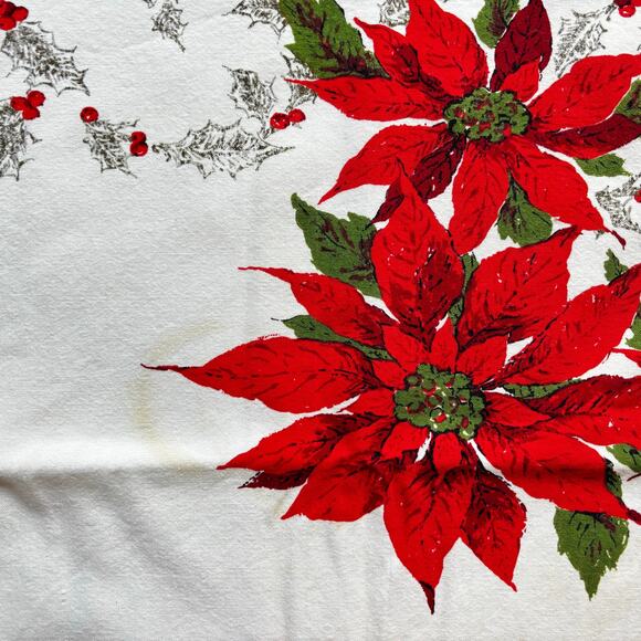 Vintage Christmas holiday tablecloth square printed cotton AS FOUND with stains - Picture 9 of 12